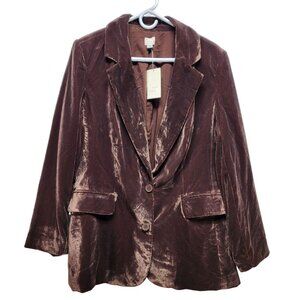 Brown Velvet Womens Blazer Jacket Size XXL A New Day Button Front Long Sleeve
